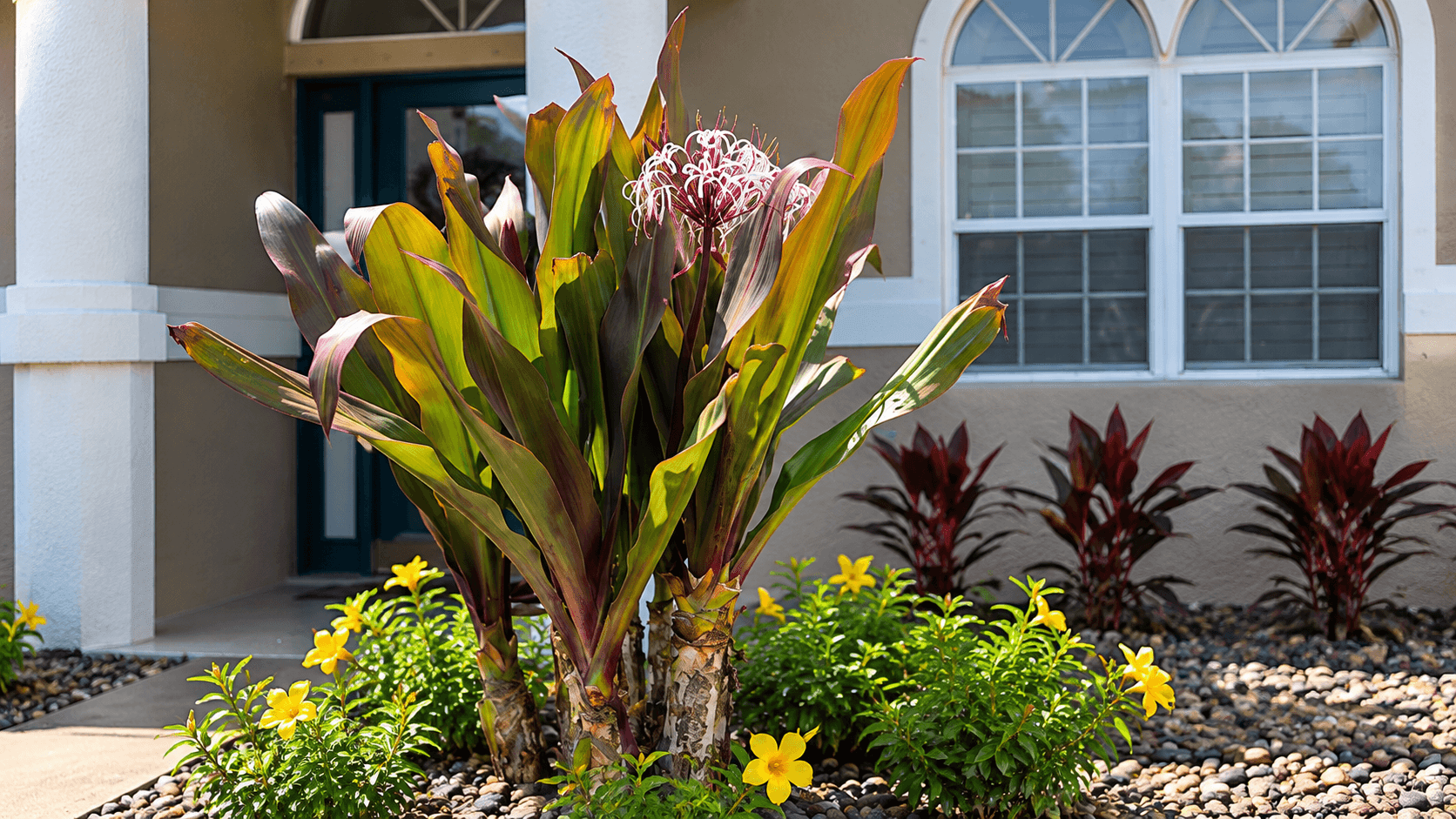 Queen Emma Crinum with burgundy-purple foliage and pink-white flowers in a Florida landscape Queen Emma Crinum with burgundy-purple foliage and pink-white flowers in a Florida landscape